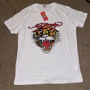 Ed Hardy White and Red Short Sleeve Tee with Tiger Graphic